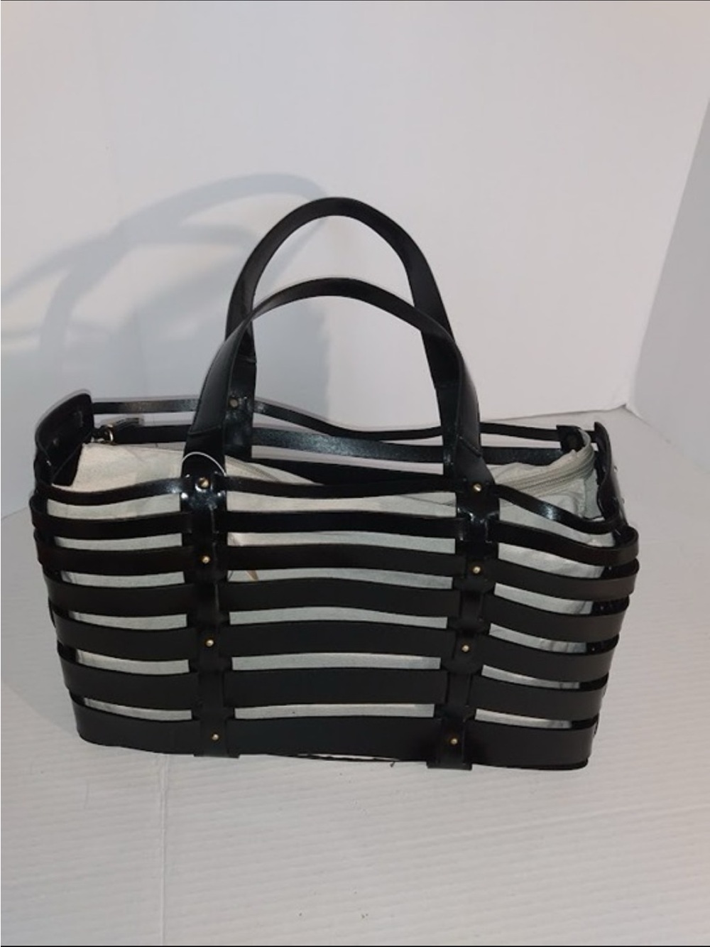 Monsac Black Strappy Tote with Cream Inner Pouch